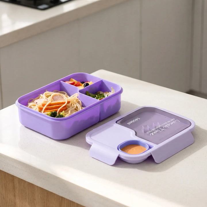 Reusable silicone bento box with multiple compartments & utensils for eco-friendly meal prep.