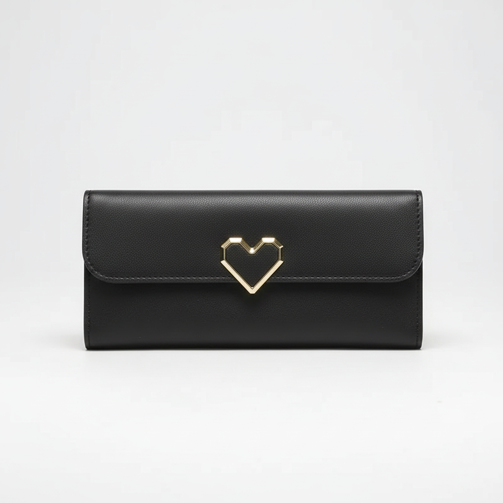 Beautiful women's long wallet, elegant design featuring a heart accent. Fashionable PU leather daily essential.