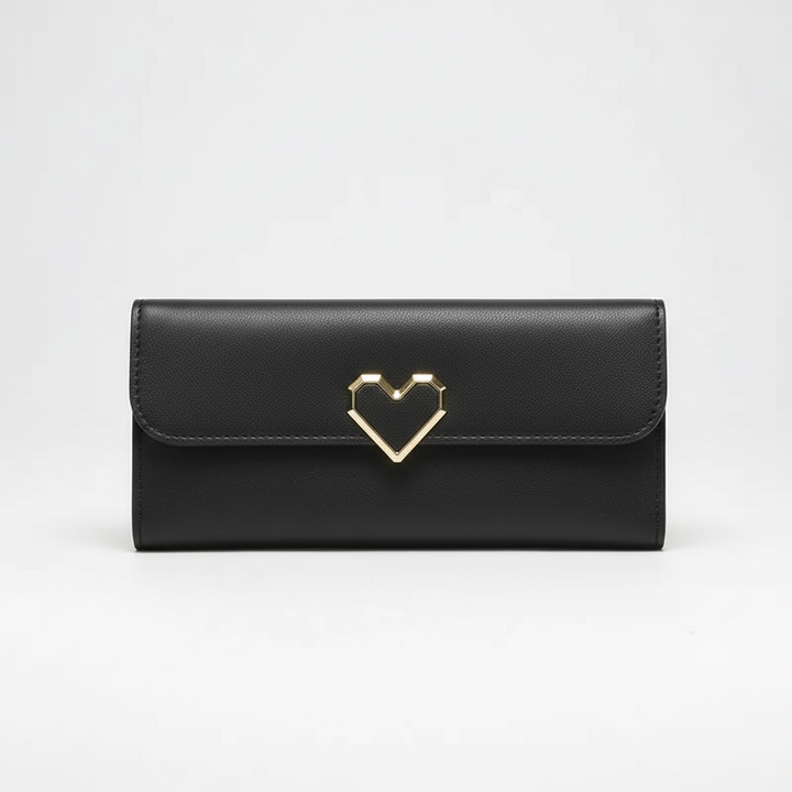 Beautiful women's long wallet, elegant design featuring a heart accent. Fashionable PU leather daily essential.