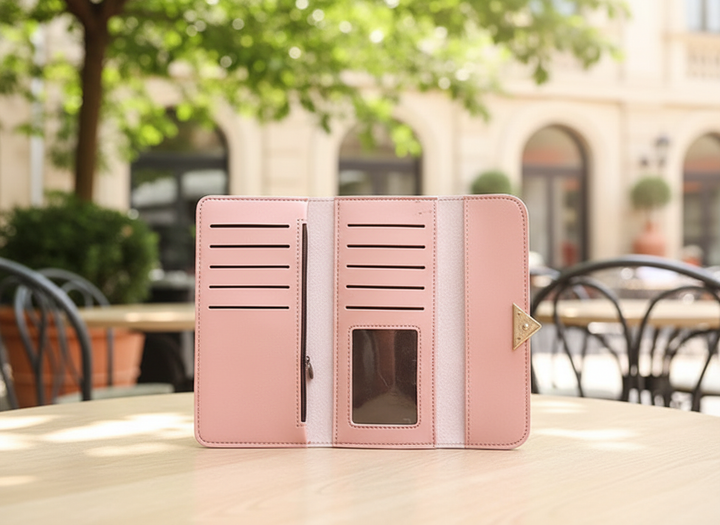 Elegant women's long wallet with chic heart accent. PU leather zipper wallet, perfect for daily essentials.