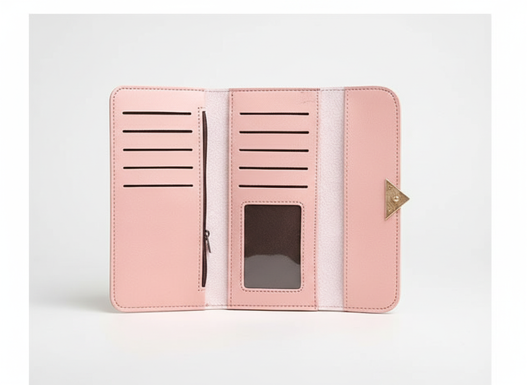 PU leather long women's wallet, elegant design with heart accent, featuring secure zipper & multiple card holders.