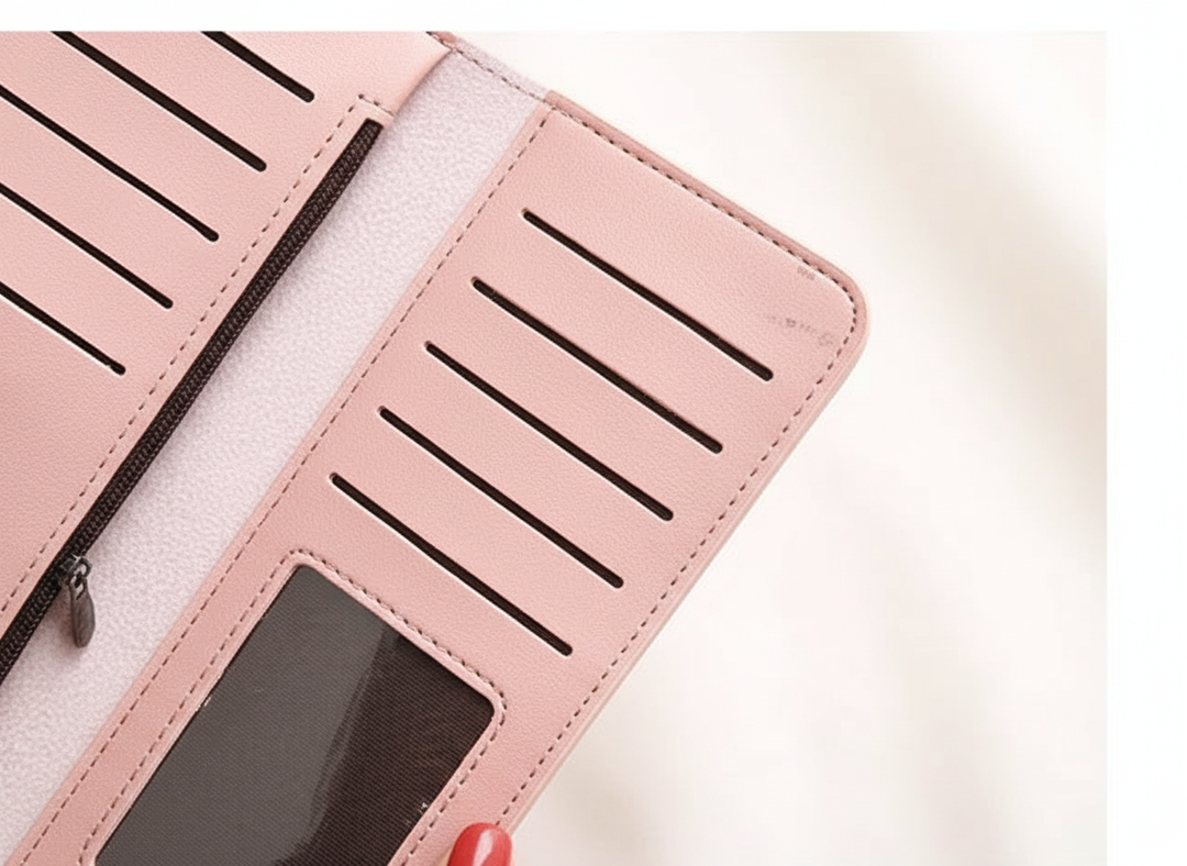 Stylish long women's wallet with charming heart accent. Elegant PU leather zipper wallet, a chic daily essential.