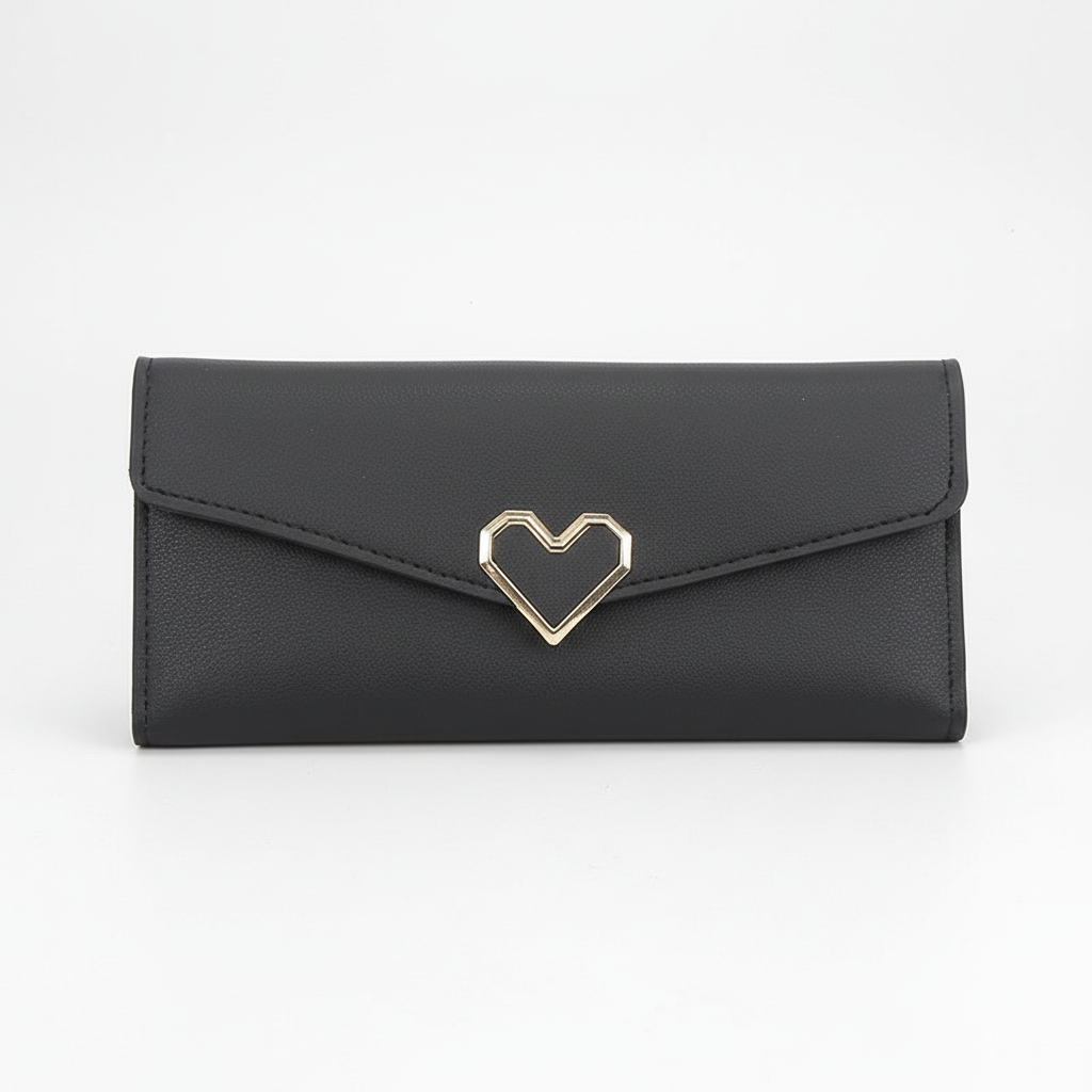 Chic long women's wallet, an elegant gift idea with a distinctive heart accent. Secure zipper & card holder.