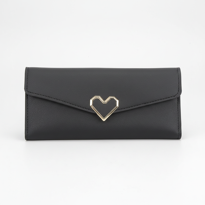 Chic long women's wallet, an elegant gift idea with a distinctive heart accent. Secure zipper & card holder.