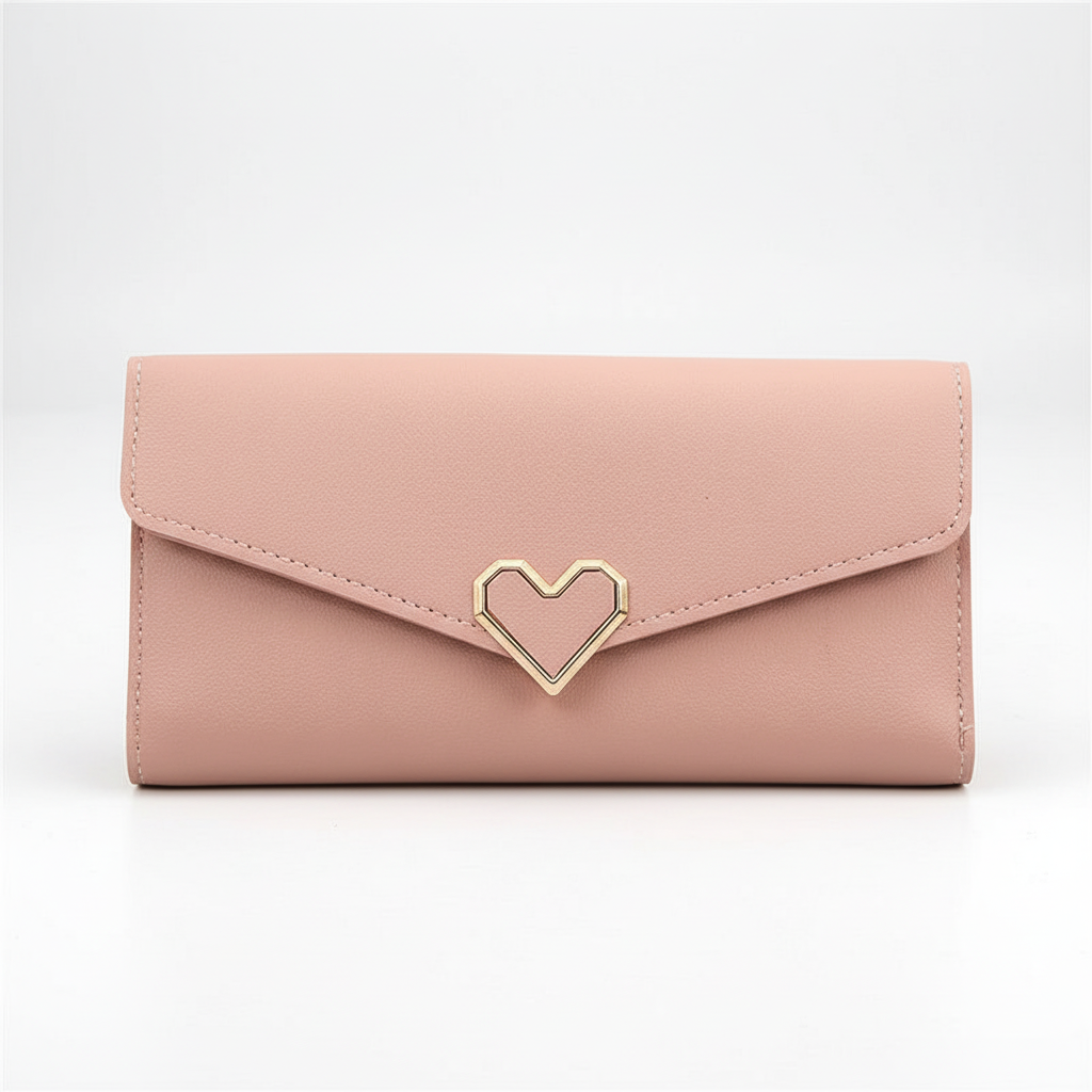 Premium PU leather long wallet for women, elegant, with delicate heart accent & secure zip closure. Fashionable.