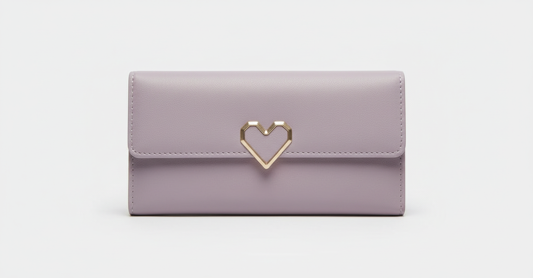 Fashionable long women's wallet, elegant PU leather with a heart accent, offering ample card storage & secure zip.
