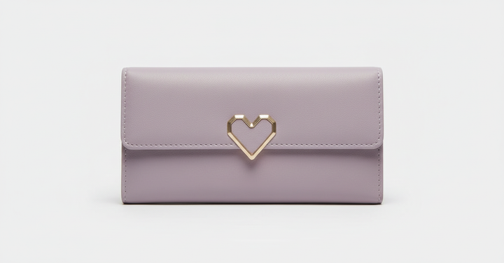 Fashionable long women's wallet, elegant PU leather with a heart accent, offering ample card storage & secure zip.