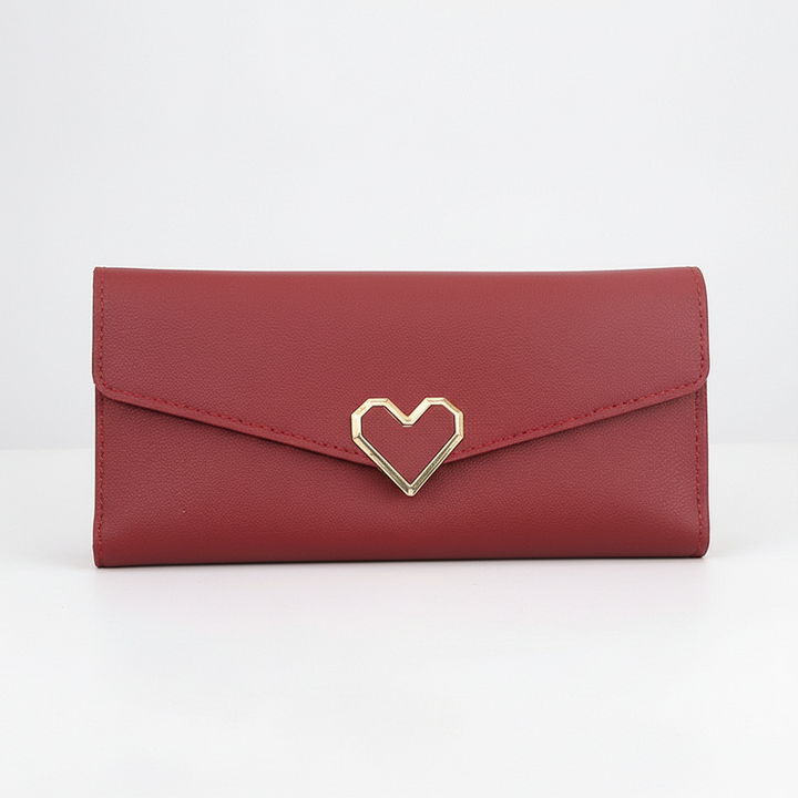 Elegant long women's wallet with a charming heart accent, durable PU leather with a secure zipper closure.