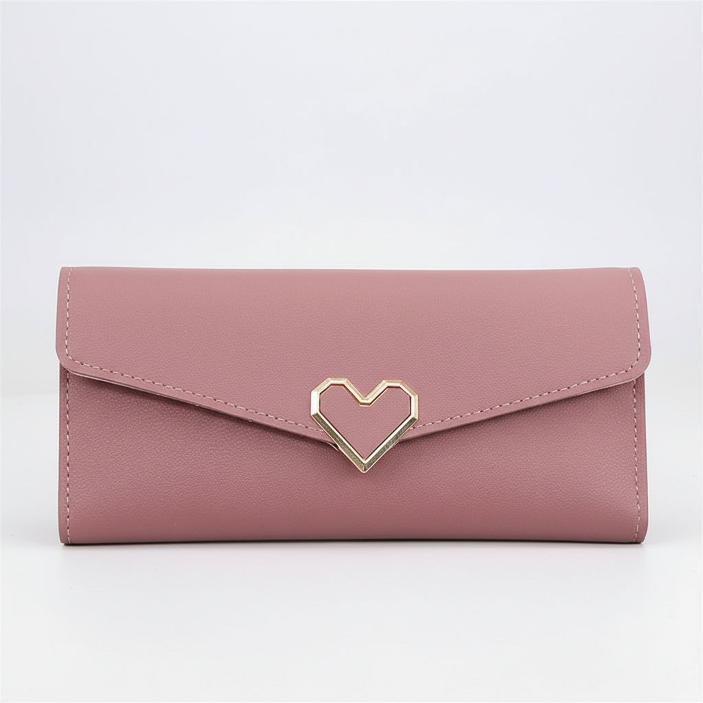 Sleek long women's wallet, elegant PU leather design with a subtle heart accent, a practical card holder.