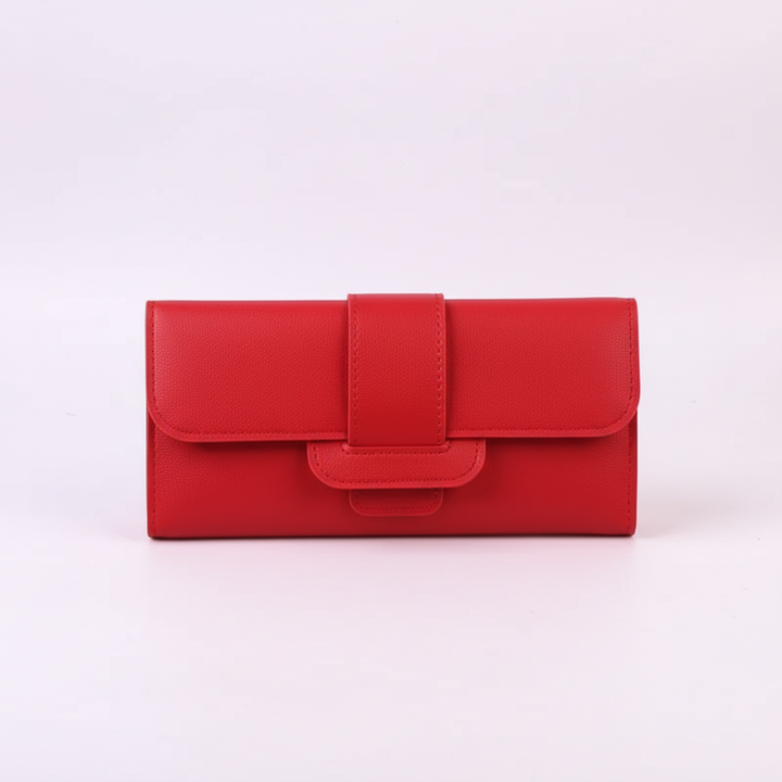 Elegant unisex long wallet in smooth black PU leather, closed view highlighting its sleek minimalist design.