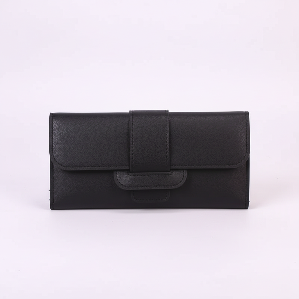 Close-up of the sleek black PU leather long wallet, showcasing its fine texture and minimalist aesthetic.