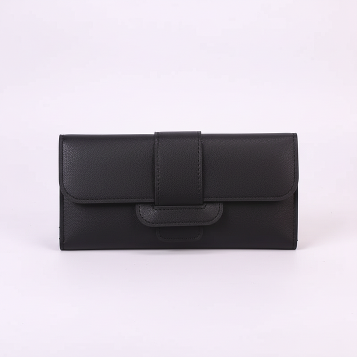 Close-up of the sleek black PU leather long wallet, showcasing its fine texture and minimalist aesthetic.