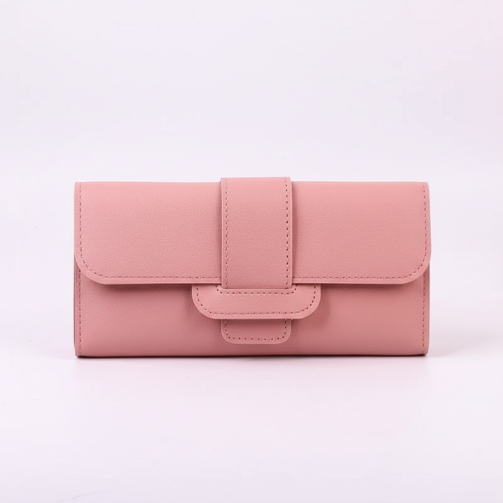 Back view of a sleek black PU leather long wallet, emphasizing its minimalist design and elegant finish.