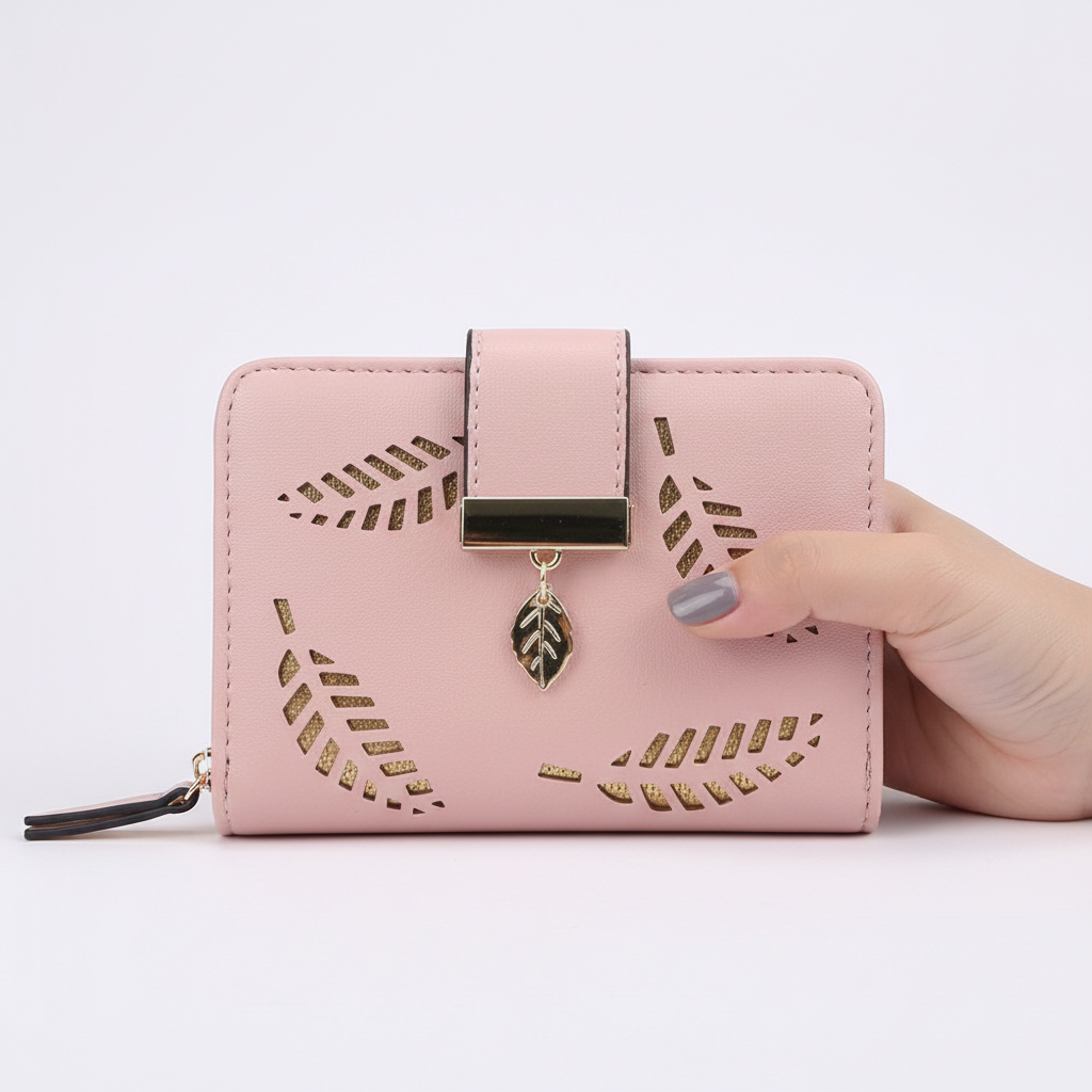 Woman holding an elegant long PU leather wallet, a stylish & practical daily fashion accessory.