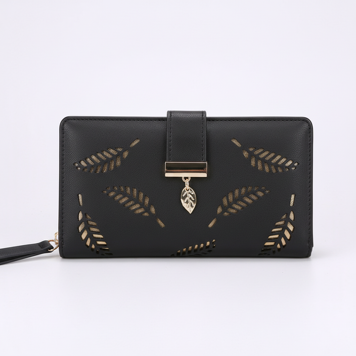 Women's long PU leather wallet with multiple card slots & secure cash organizer, chic design.