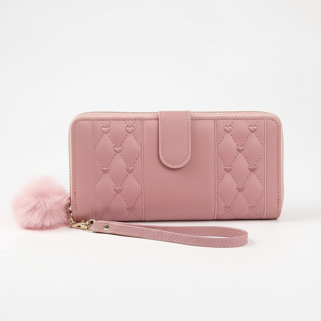 Elegant women's heart embellished long wallet, a stylish PU leather fashion accessory with card holder function.