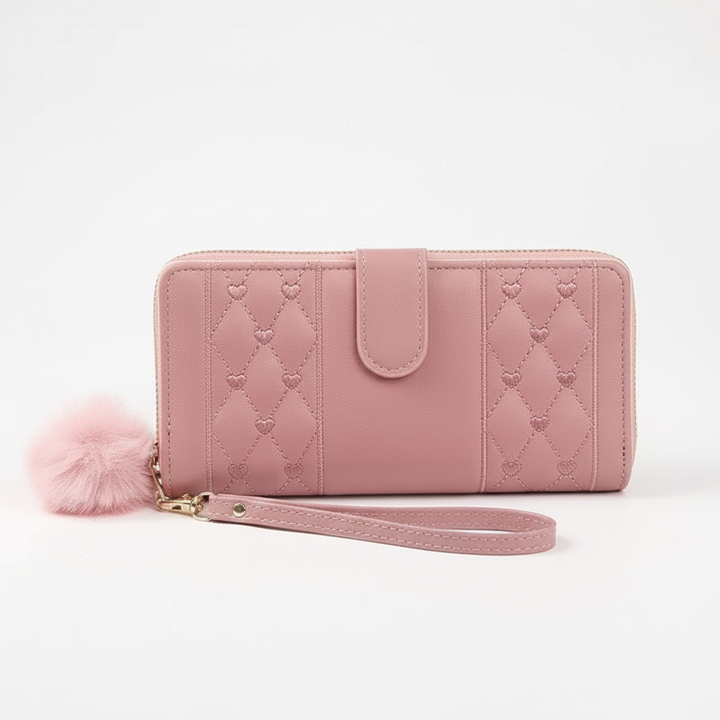 Elegant women's heart embellished long wallet, a stylish PU leather fashion accessory with card holder function.