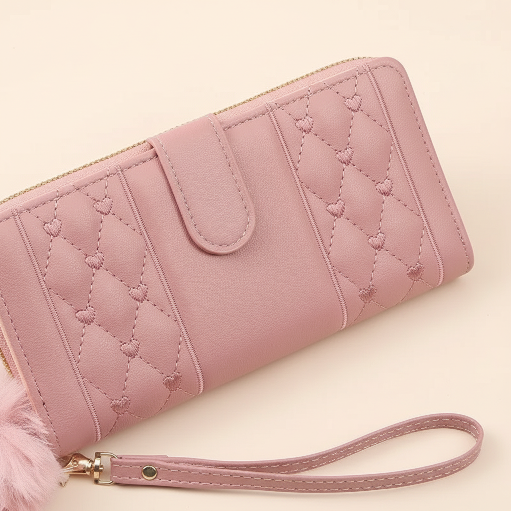Colorful women's PU leather long wallet with heart design, perfect gift for her, featuring a zipper & card holder.