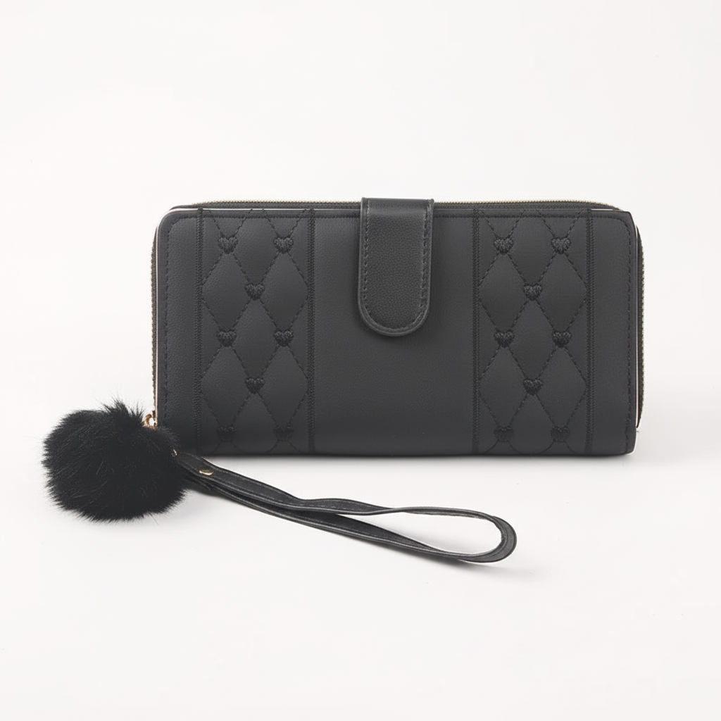 Heart embellished zipper long wallet for women, a practical PU leather card holder and chic fashion accessory.