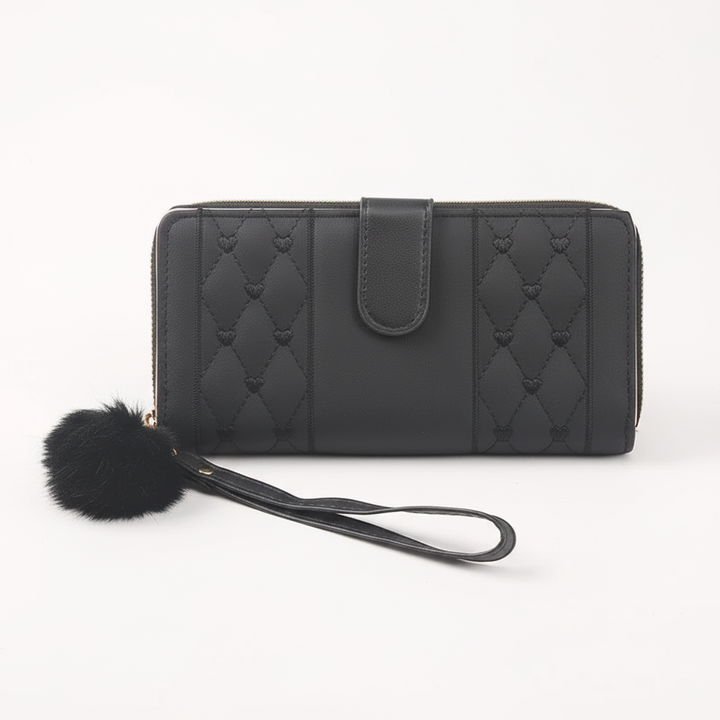 Heart embellished zipper long wallet for women, a practical PU leather card holder and chic fashion accessory.