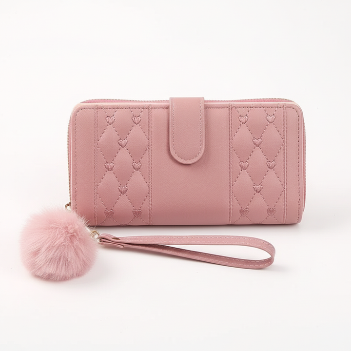Fashionable women's long wallet, vibrant heart design. PU leather, secure zipper, and efficient card holder.