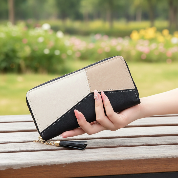 Elegant women's long wallet with a unique geometric pattern, crafted from durable PU leather.