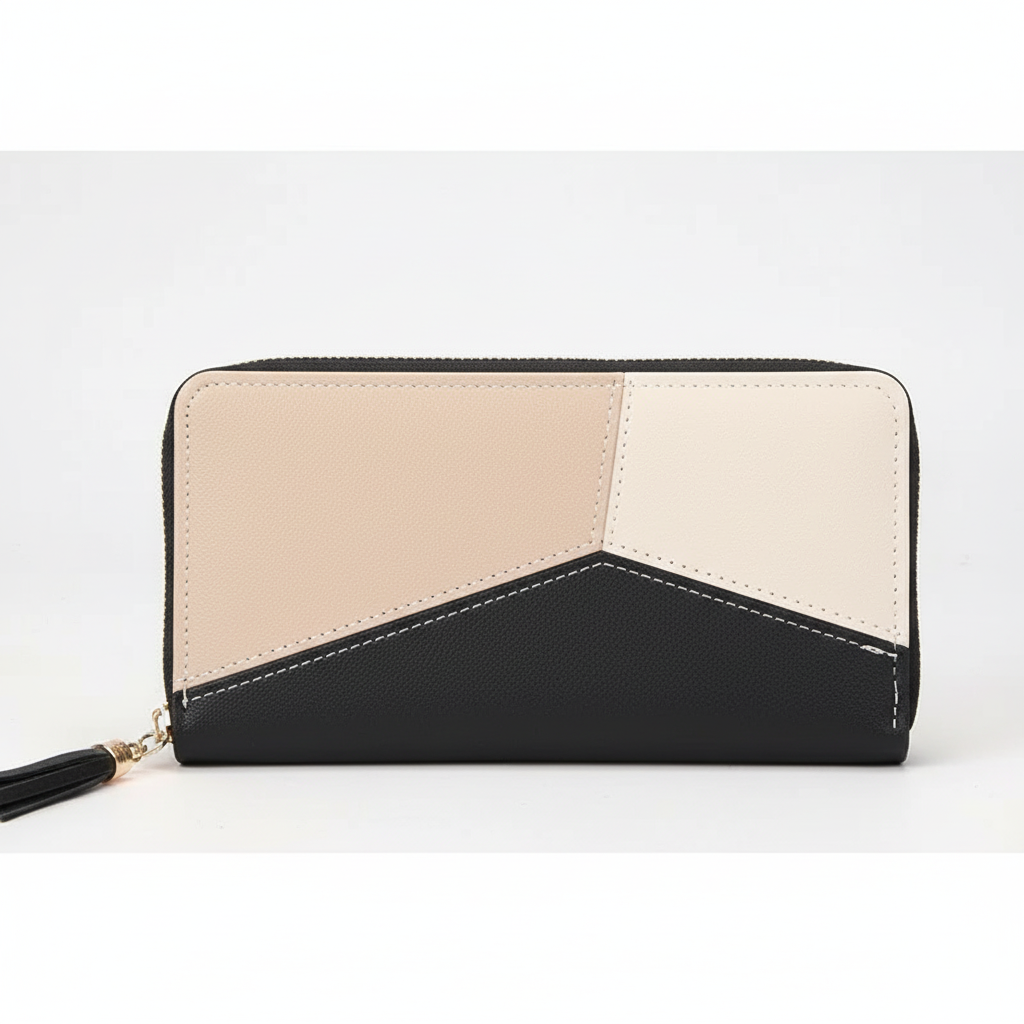 Stylish PU leather long wallet for women, featuring a secure card holder and modern geometric design.