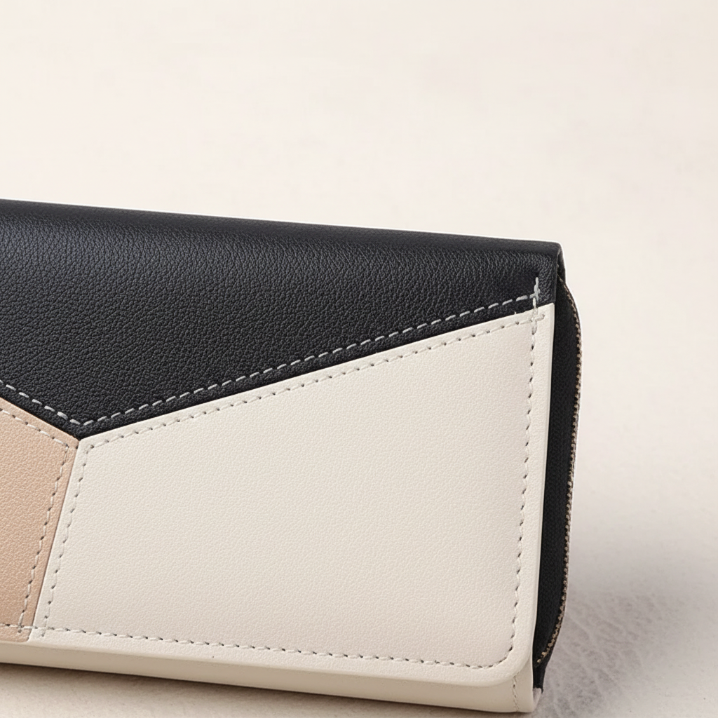Fashionable women's geometric long wallet with a convenient wristlet strap, perfect as a stylish purse accessory.