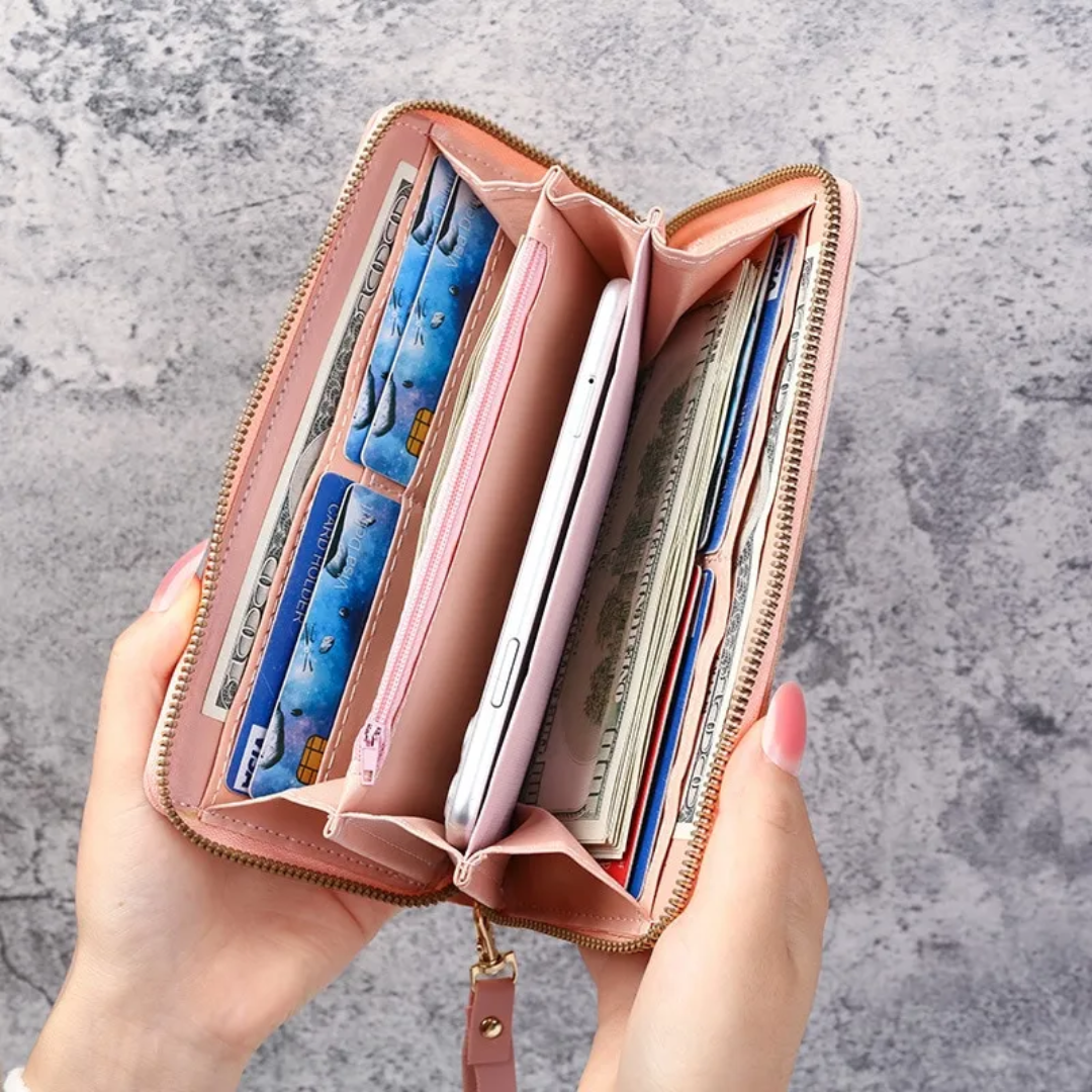 Contemporary women's long wallet featuring an elegant geometric design, ideal for organizing cards and cash.
