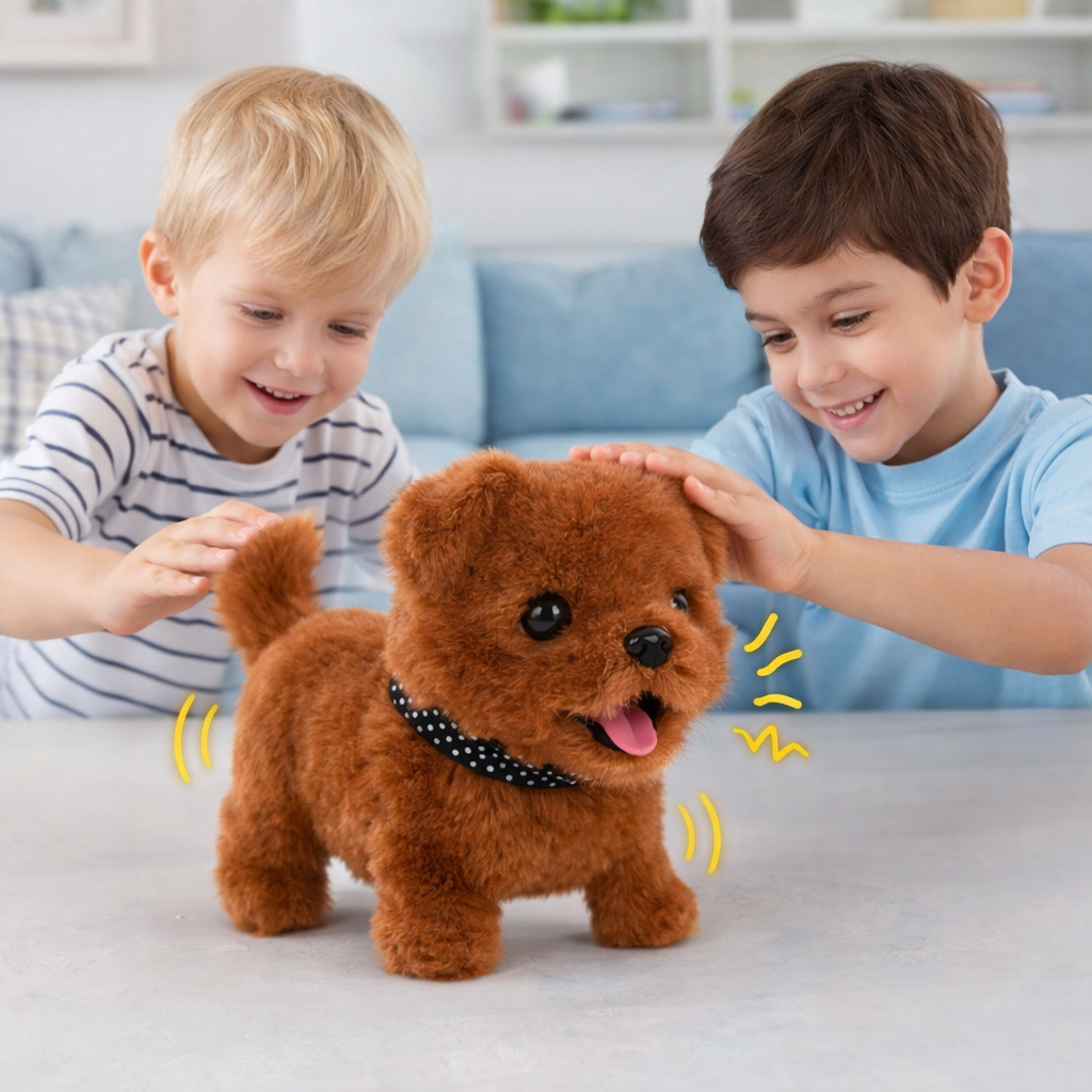 Lively interactive robot puppy, a walking and barking pet companion toy for children's imaginative play.