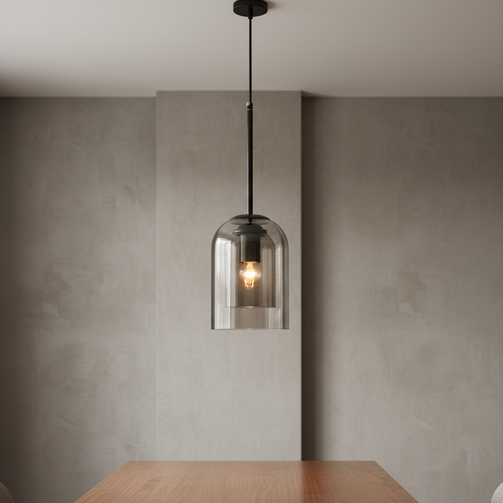 Elegant double-layer glass pendant light, modern ceiling lamp for ambient home decor. SmokeBeam tint.
