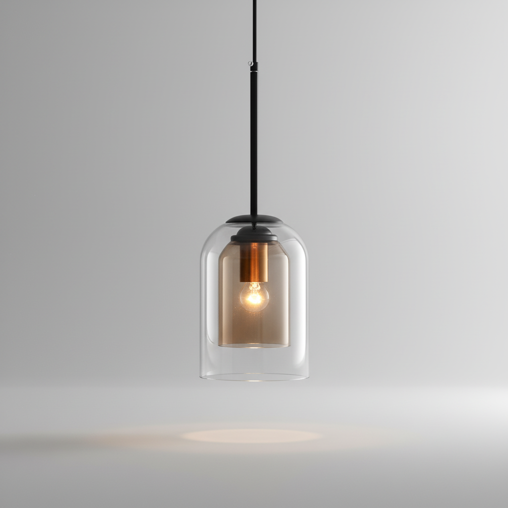 Modern double-layer glass pendant light casting an ambient glow, perfect mid-century interior lighting.