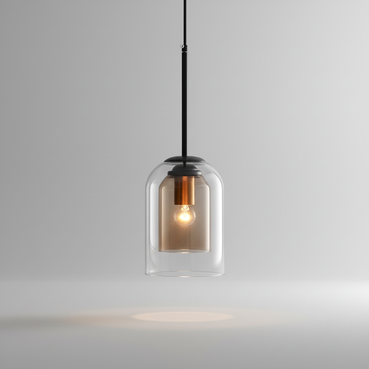 Modern double-layer glass pendant light casting an ambient glow, perfect mid-century interior lighting.