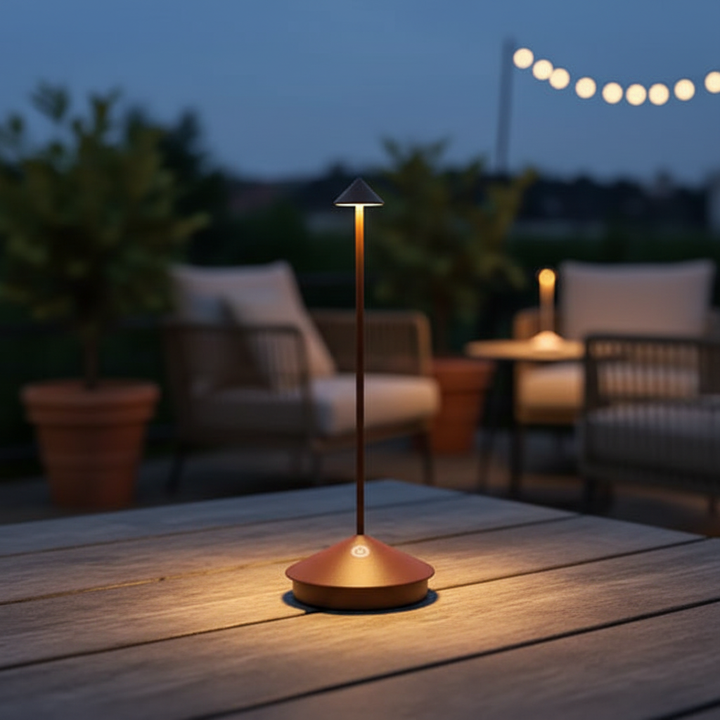 Universal wireless LED table lamp, dimmable for perfect indoor or outdoor mood lighting. Rechargeable & portable.