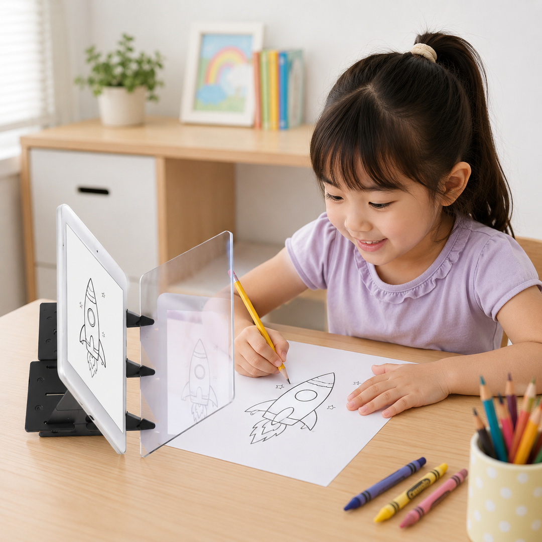 Children learning art skills with a portable drawing projector. Great for drawing practice and creative play.