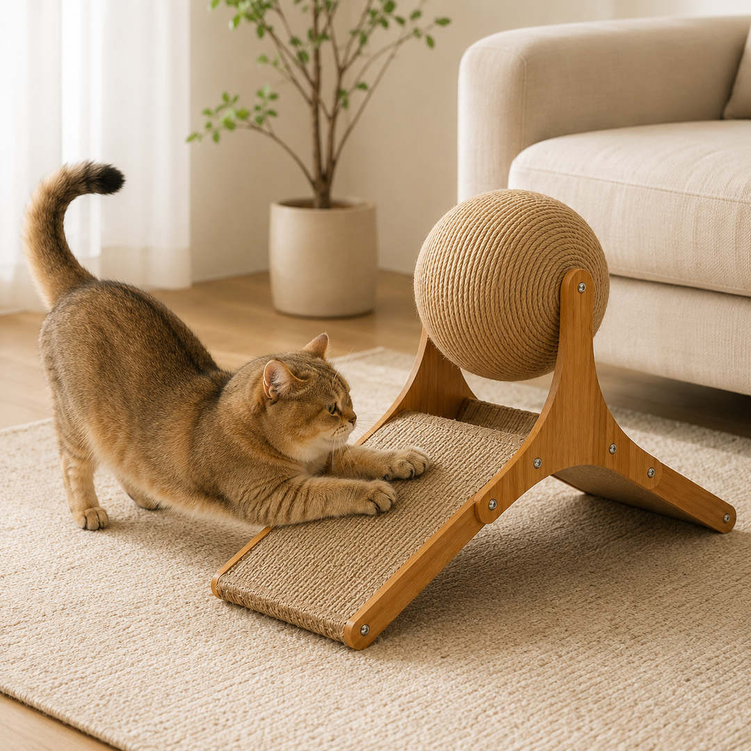 Dual design interactive cat scratching toy with sisal post, protecting furniture & promoting feline play for indoor cats.