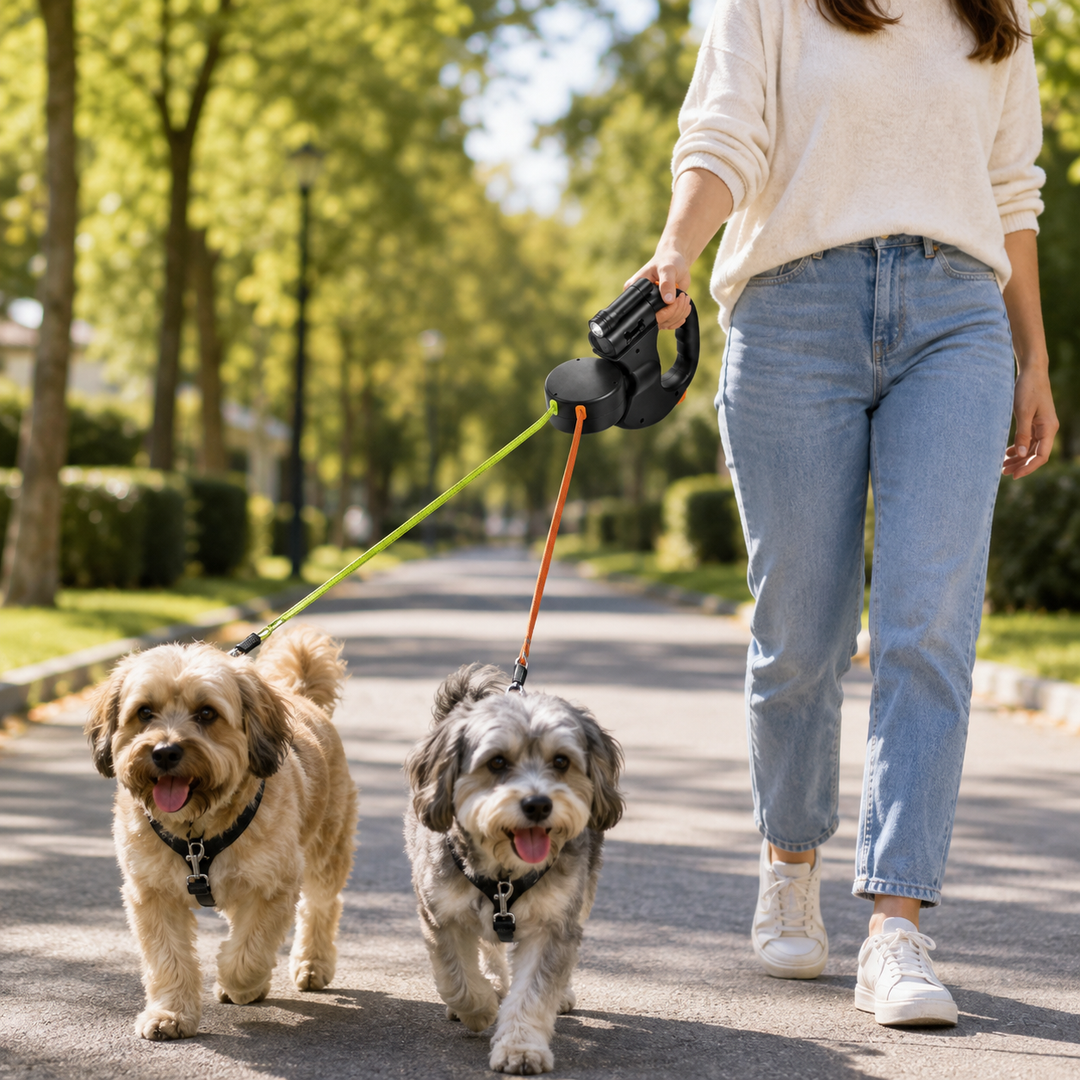 Secure hands-free two-dog leash with integrated LED for enhanced visibility & night time safety.