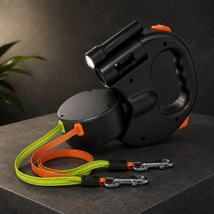 Hands-free dual dog leash with LED light for safe & convenient evening walks with two dogs.