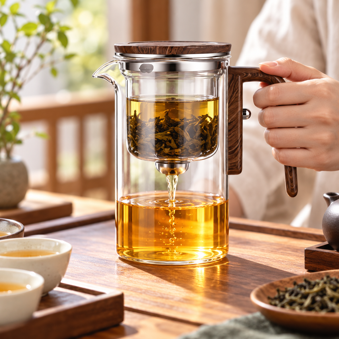 Sleek glass tea infuser pot, a stylish and practical addition to any kitchen's drinkware.
