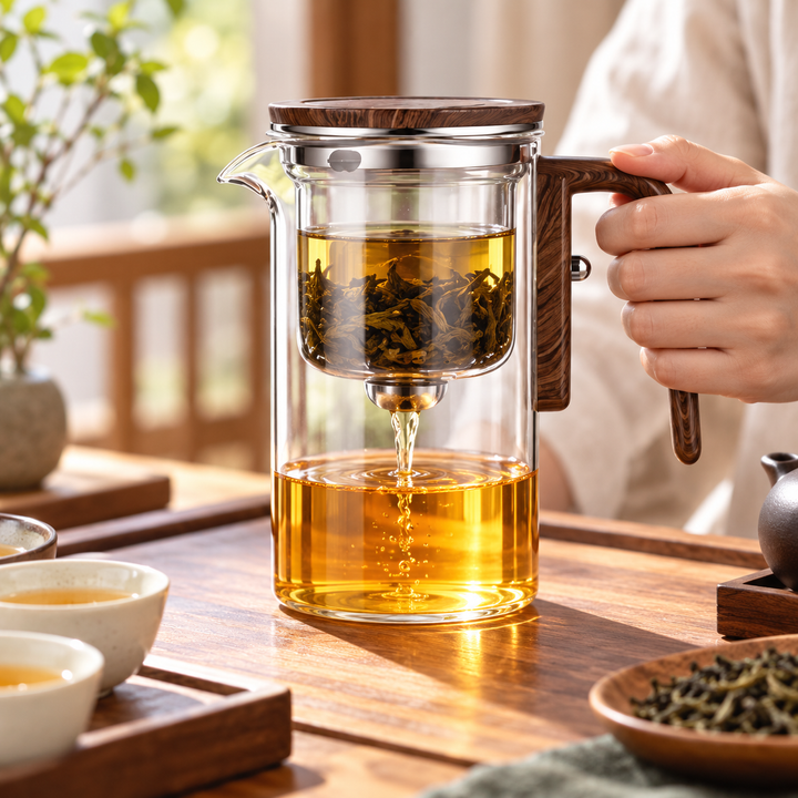 Sleek glass tea infuser pot, a stylish and practical addition to any kitchen's drinkware.