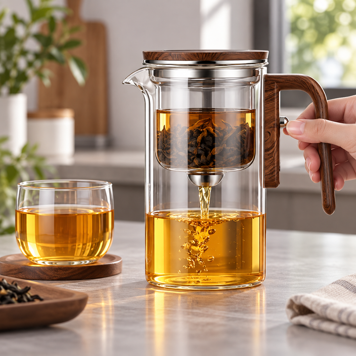 Clear glass tea brewer with integrated infuser, perfect for effortless loose leaf tea brewing.