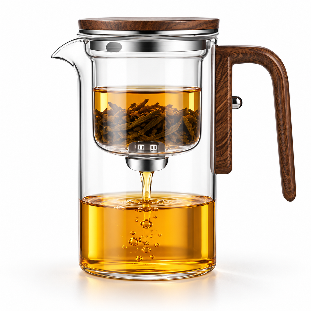 Modern borosilicate glass teapot with infuser, ideal for brewing hot and cold teas.