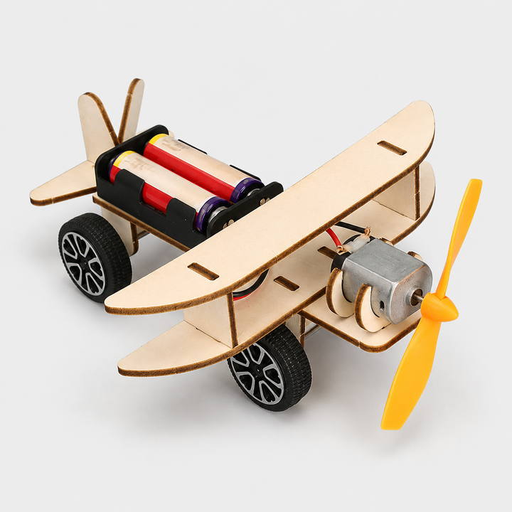 Child building a STEM project with a wooden educational kit, fostering engineering & science skills.