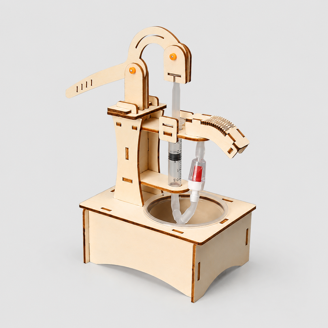 Close-up of wooden pieces & tools in a DIY STEM building kit for kids' interactive science learning.