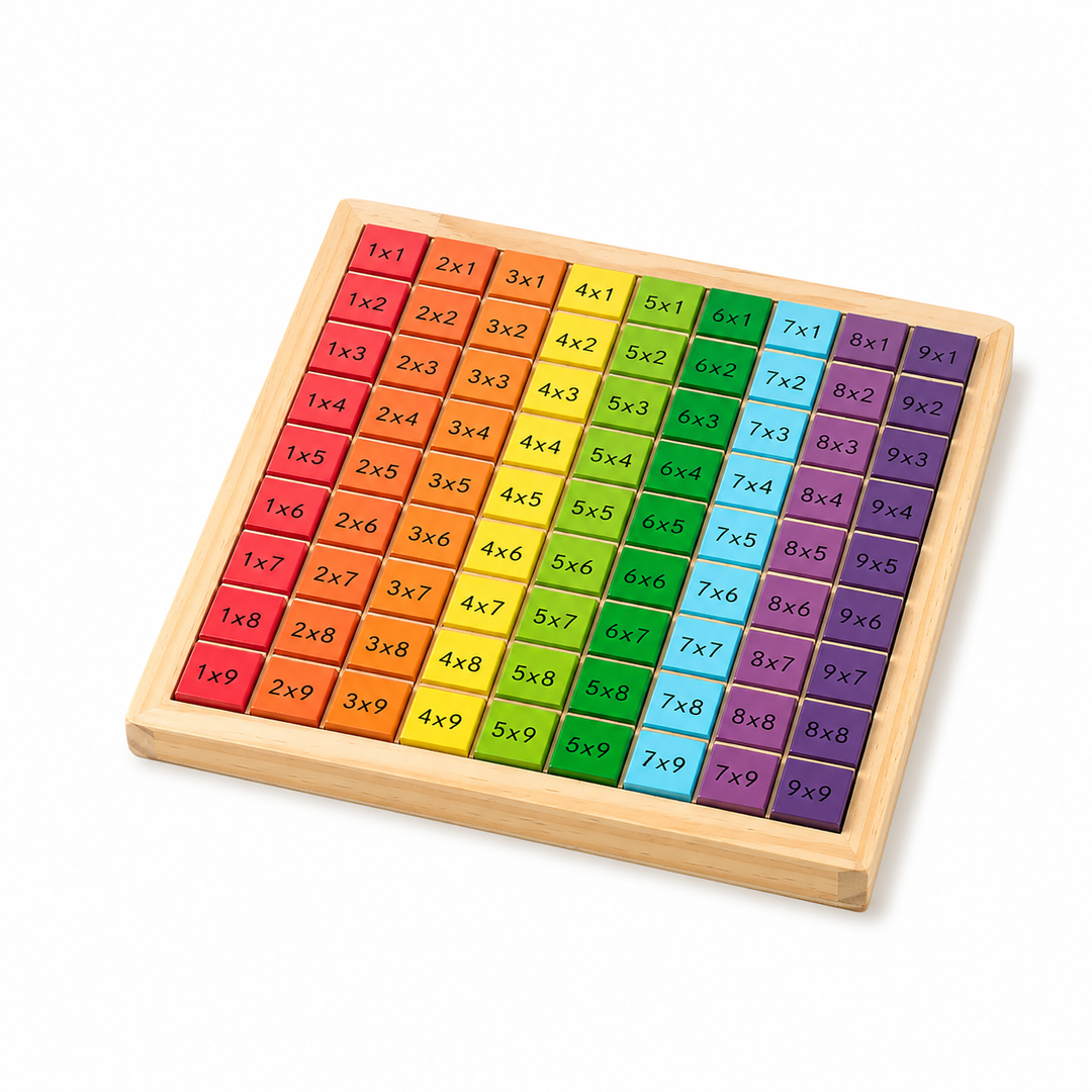 Wooden multiplication learning board for kids. Fun math toy for times tables practice & early education.