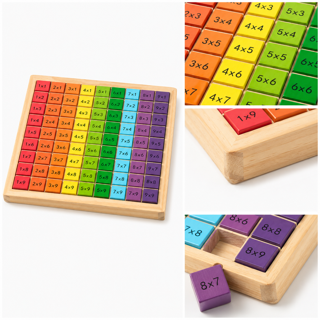 Colorful kids math learning board. Educational wooden toy for multiplication practice & early childhood development.
