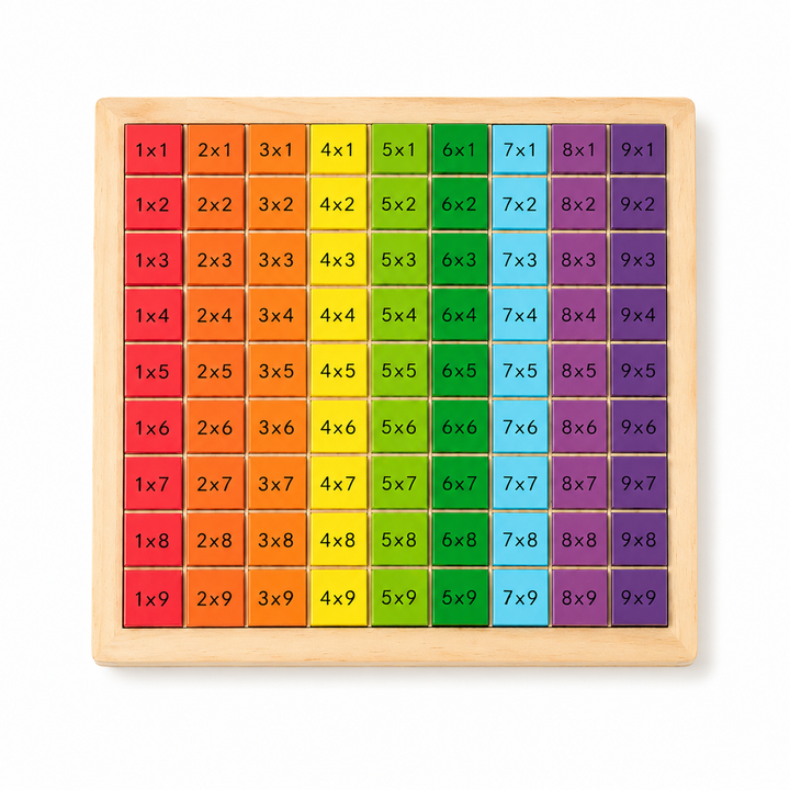 Fun educational multiplication board for kids. Wooden math toy supporting interactive times tables learning.