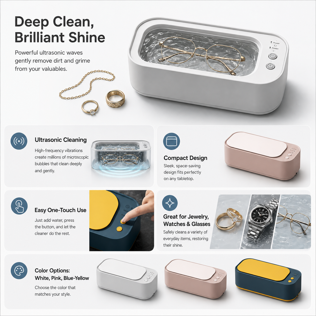 Powerful everyday ultrasonic cleaner for jewelry, eyeglasses, watches & accessories.