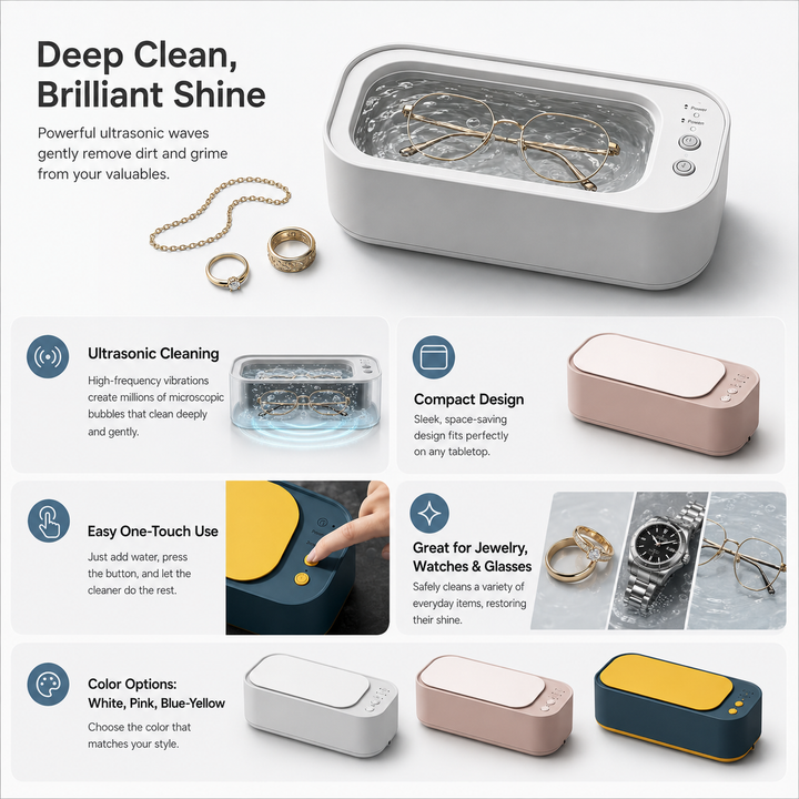 Powerful everyday ultrasonic cleaner for jewelry, eyeglasses, watches & accessories.