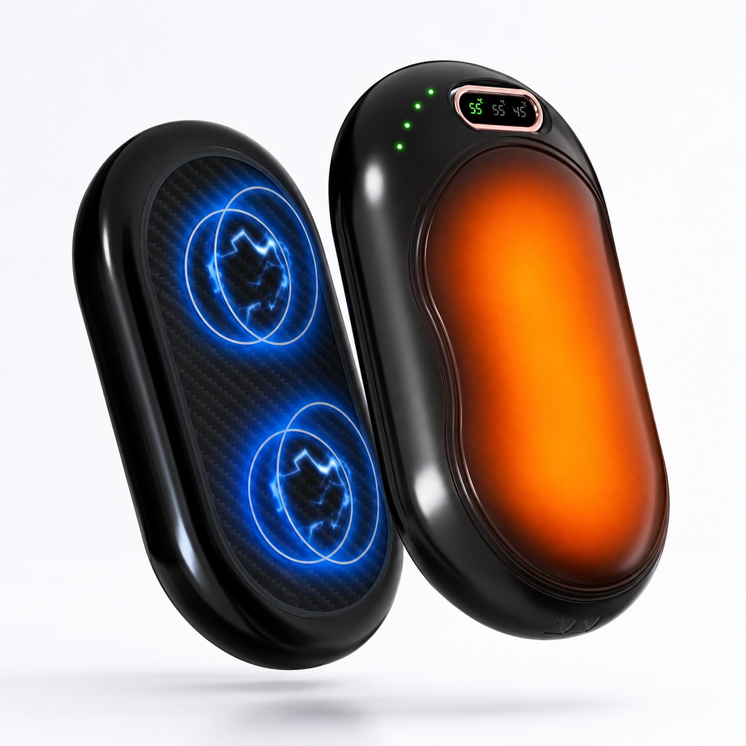 Unisex rechargeable magnetic hand warmer for outdoor warmth. Double-sided heat, USB charging, perfect for cold weather.